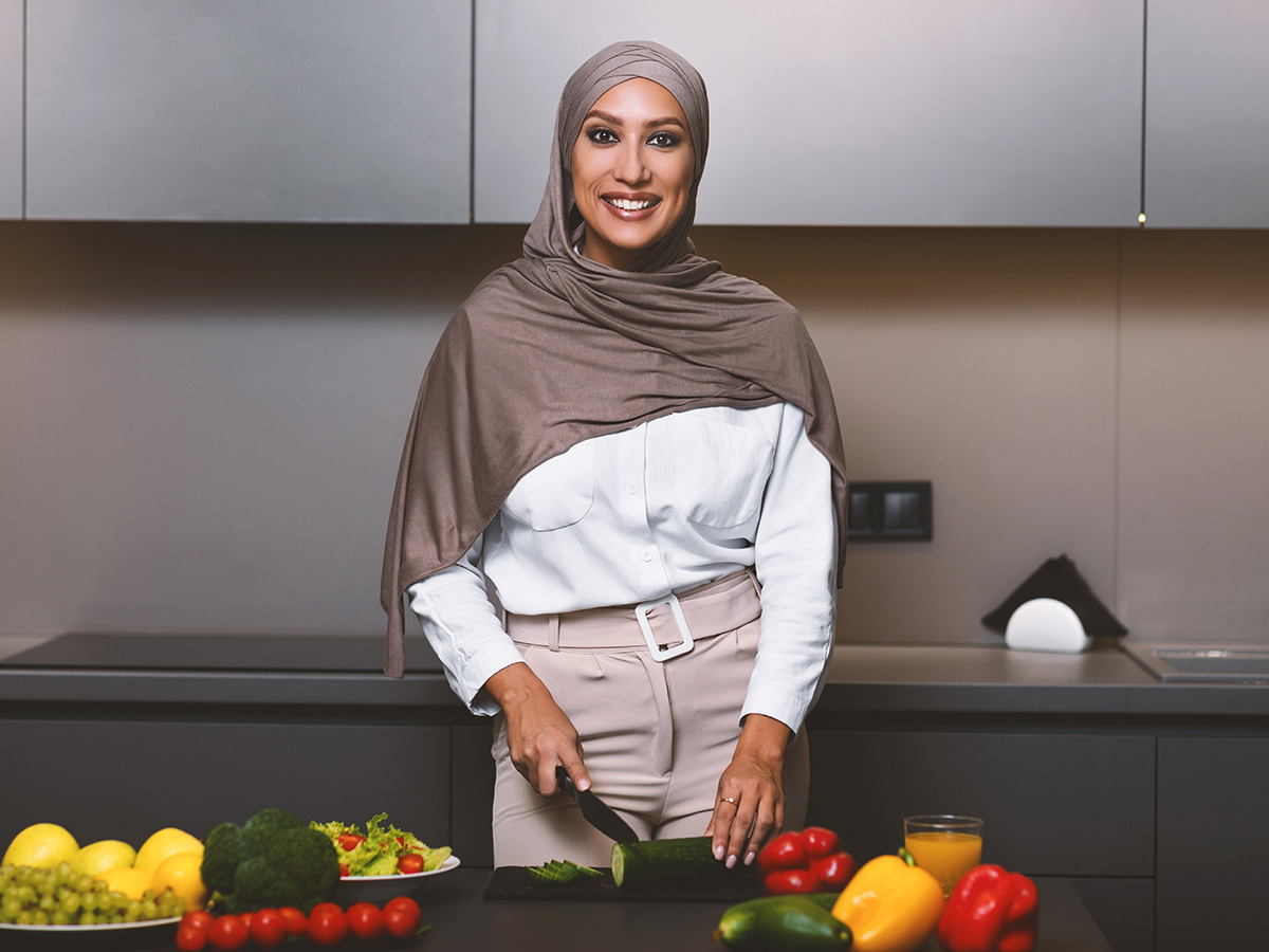 Halal customer cooking with fresh ingredients